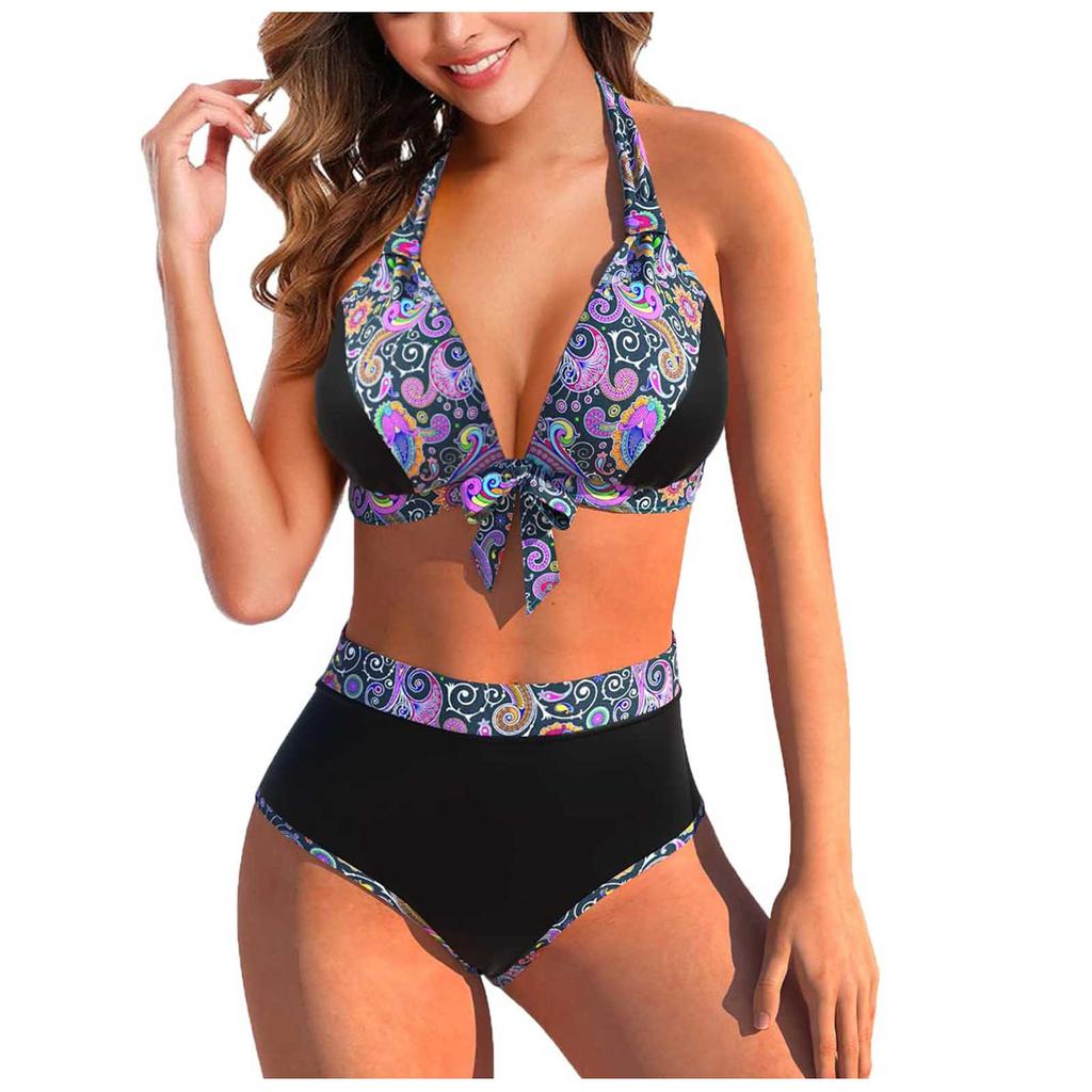 Women's Fashion Split High Waist Printed Bikini With Bra Pads And No Steel Bra Swimsuit