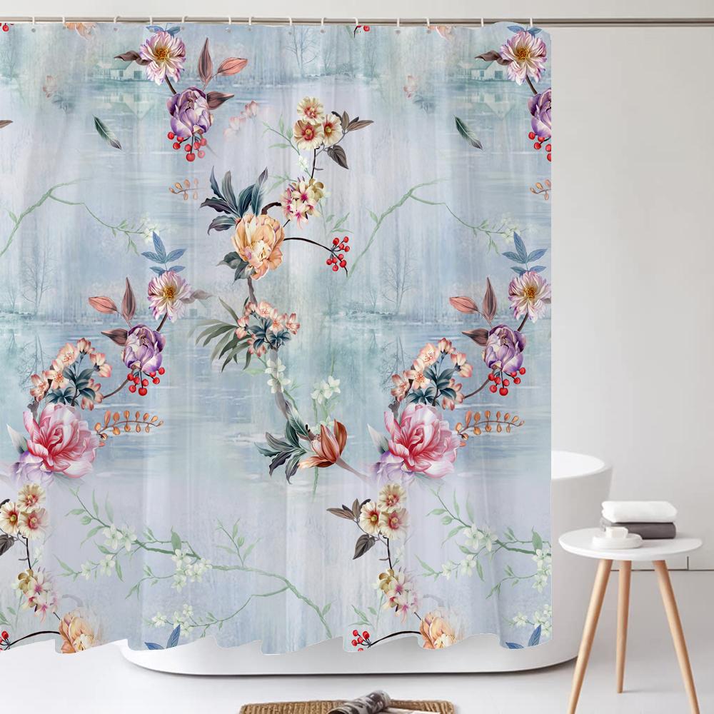 Watercolour FlowersLeaves Shower Curtain Morden Art Floral Waterproof Fabric Bathroom Curtains Room Decor Curtain With Hooks