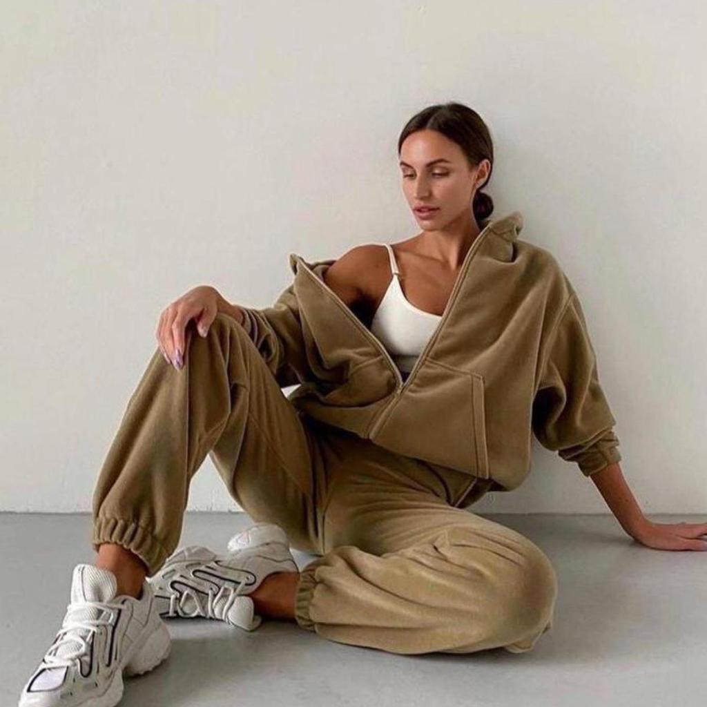 Women Solid Color Long Sleeve Hooded V Neck Hoodies Suit Autumn Winter Loose Top Wide Leg Pants