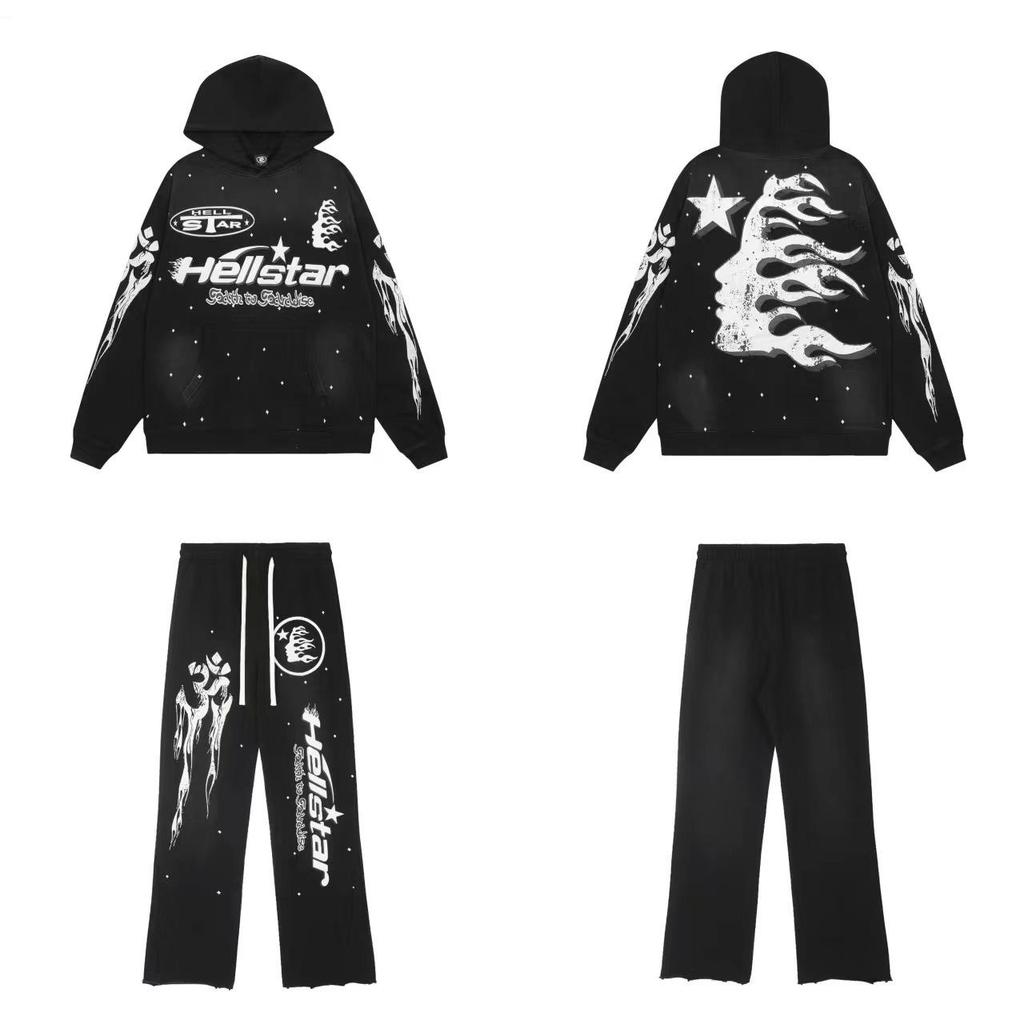 Ретро-худи Hellstars с ручной росписью в стиле граффити - Модный дизайн с эффектом облупившейся краски и окрашиванием в грязевые тона