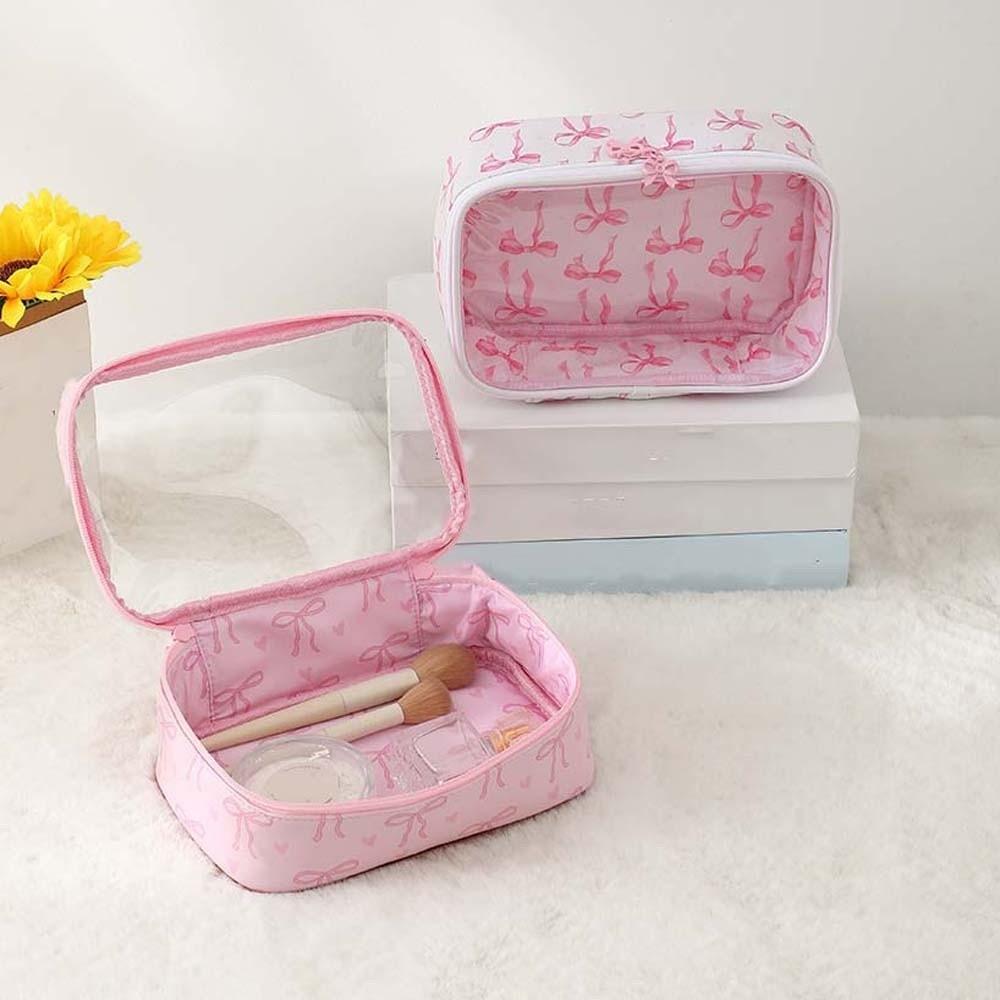 Clutch Pouch Transparent Makeup Bag Large Capacity PU Leather Clear PVC Handbag Waterproof Pink Bow Swimming Small Bag Party