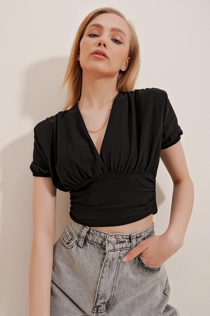 Women's Blouse New Season Fashion Black V-Neck Watermelon Sleeve Crop Knitted Blouse