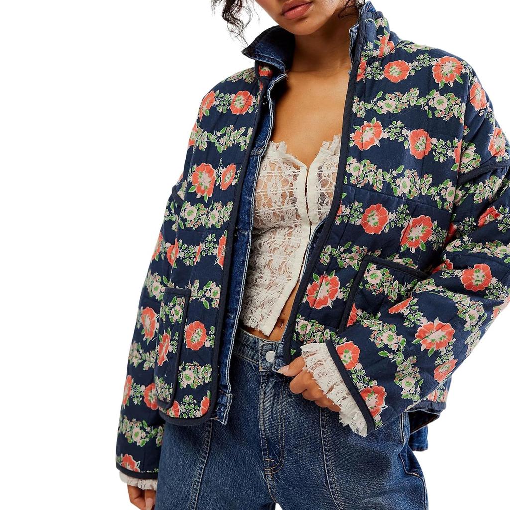 Женская стеганая куртка с цветочным принтом, куртка на пуговицах с длинными рукавами, легкая винтажная куртка с вышивкой, верхняя одежда