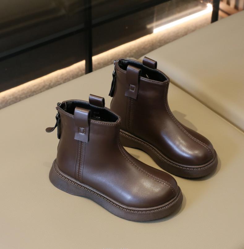 Модные детские зимние сапоги 2024 года, осень-зима, новые, для девочек, водонепроницаемые, нескользящие, ботильоны, детские, на молнии, кожаные туфли для вечеринок 23-36