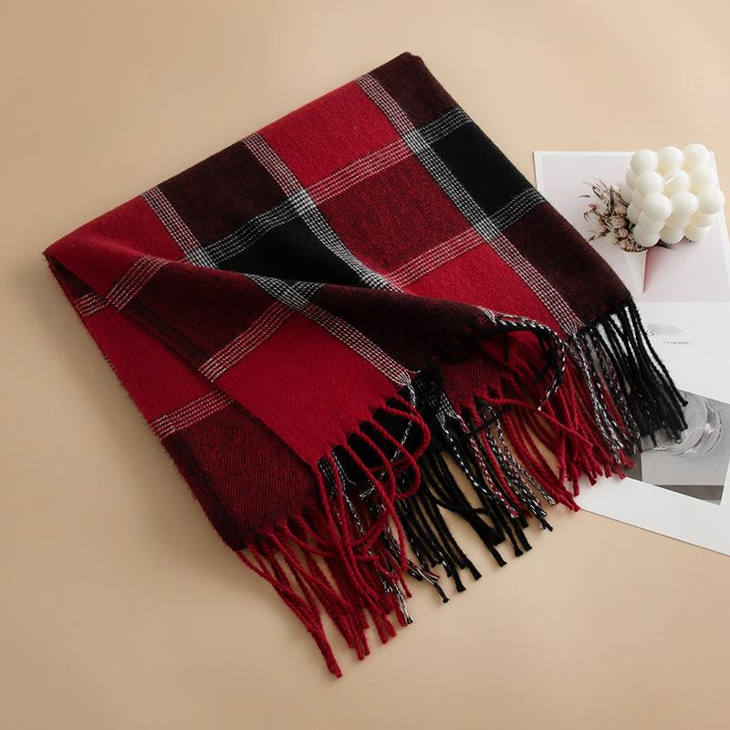 New Korean Contrasting Plaid Imitation Cashmere Tassel Scarf for Women College Style Fashionable and Versatile Warm Scarf
