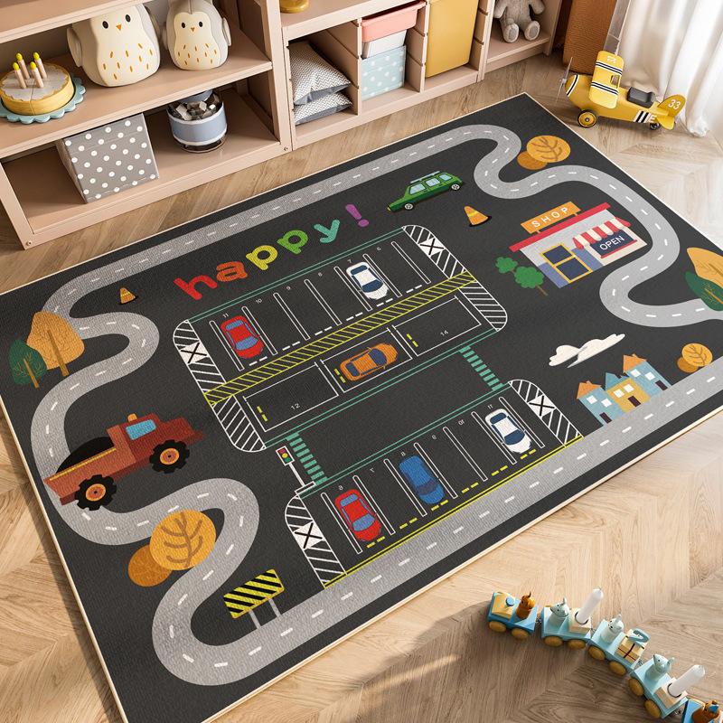 Cartoon Car Traffic Crystal Pile Carpet Children's Room Climbing Mat Home Non-Slip and Dirt Resistant Living Room Mat