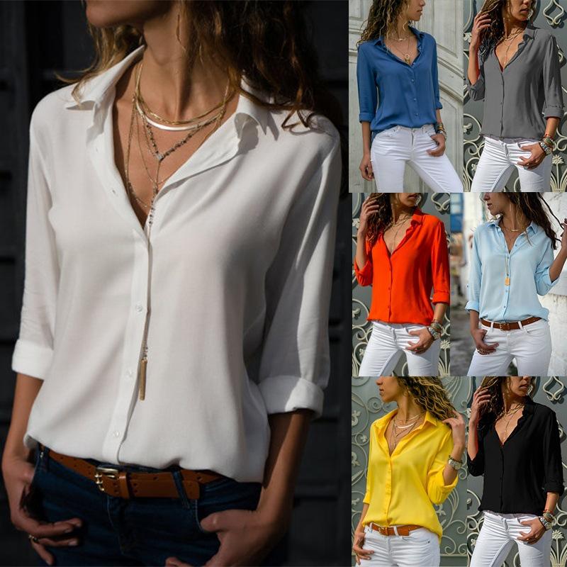 Spring Autumn Women Solid Color Button Up Chiffon Blouse Casual Long Sleeve Plus Size Tops