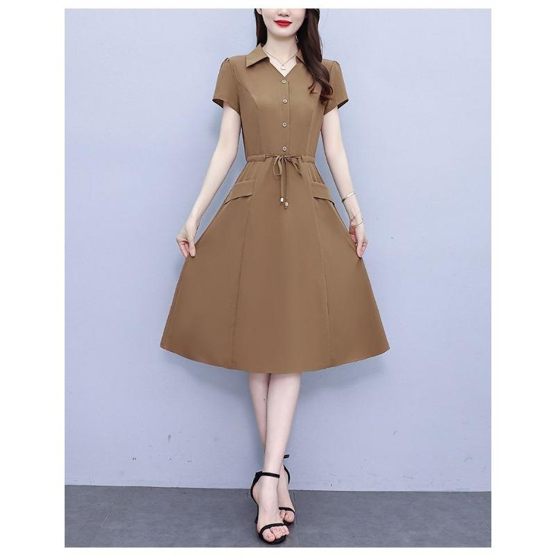 YYFS Женская мода лето весна сплошной цвет печати короткий рукав ПОЛО шеи Высокая талия повседневные платья