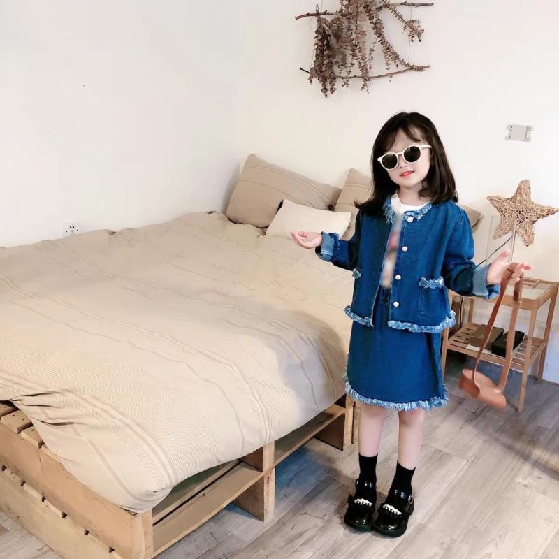 Юбка, костюм для девочек, комплект из двух предметов, осенний детский костюм, удобная темпераментная джинсовая куртка с кисточками