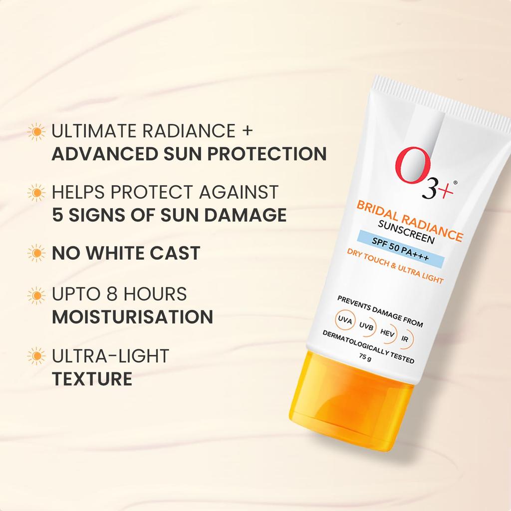 O3+ Bridal Radiance Sunscreen SPF 50 PA +++ 75g Dry Touch Non-Greasy Ultra Light Protection Pack of 2