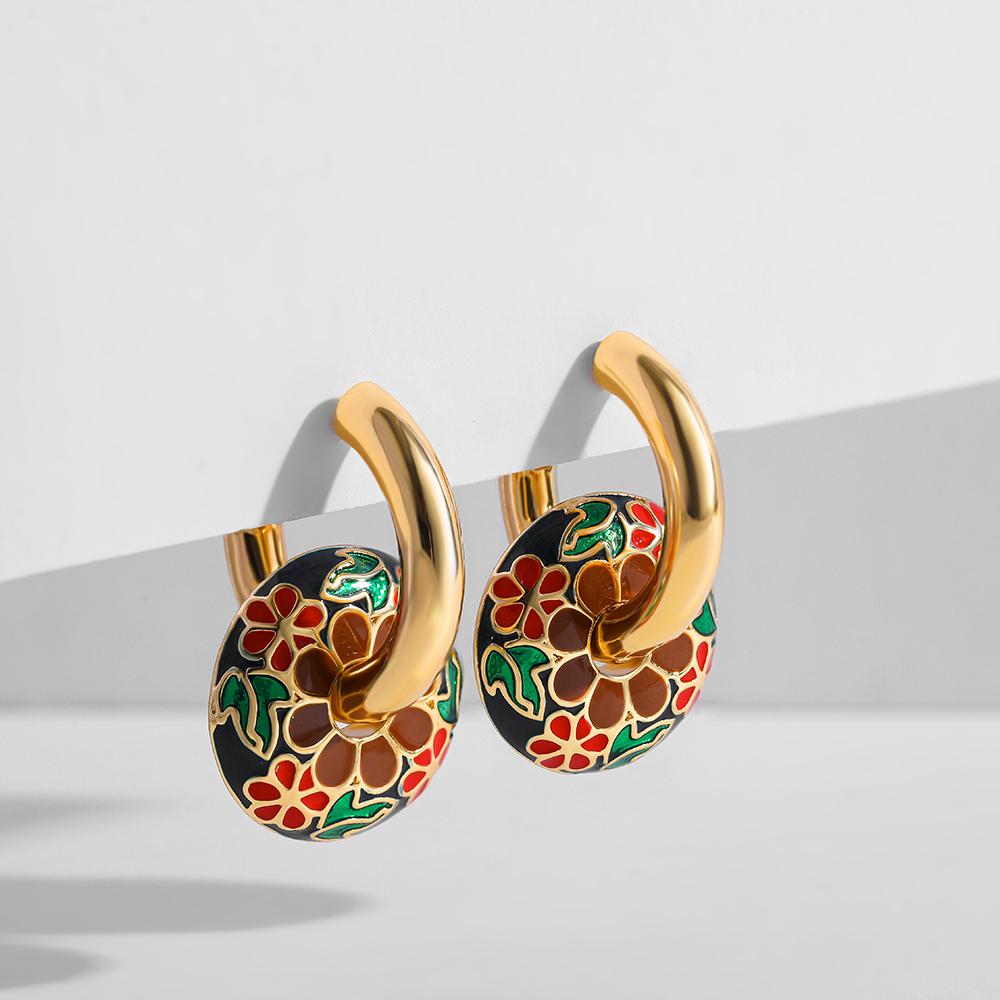2025 Gold Color Stainless Steel Chunky Hoop Earrings Enamel Flower Round Loop Ear Buckle Earring Brincos for Women Jewelry