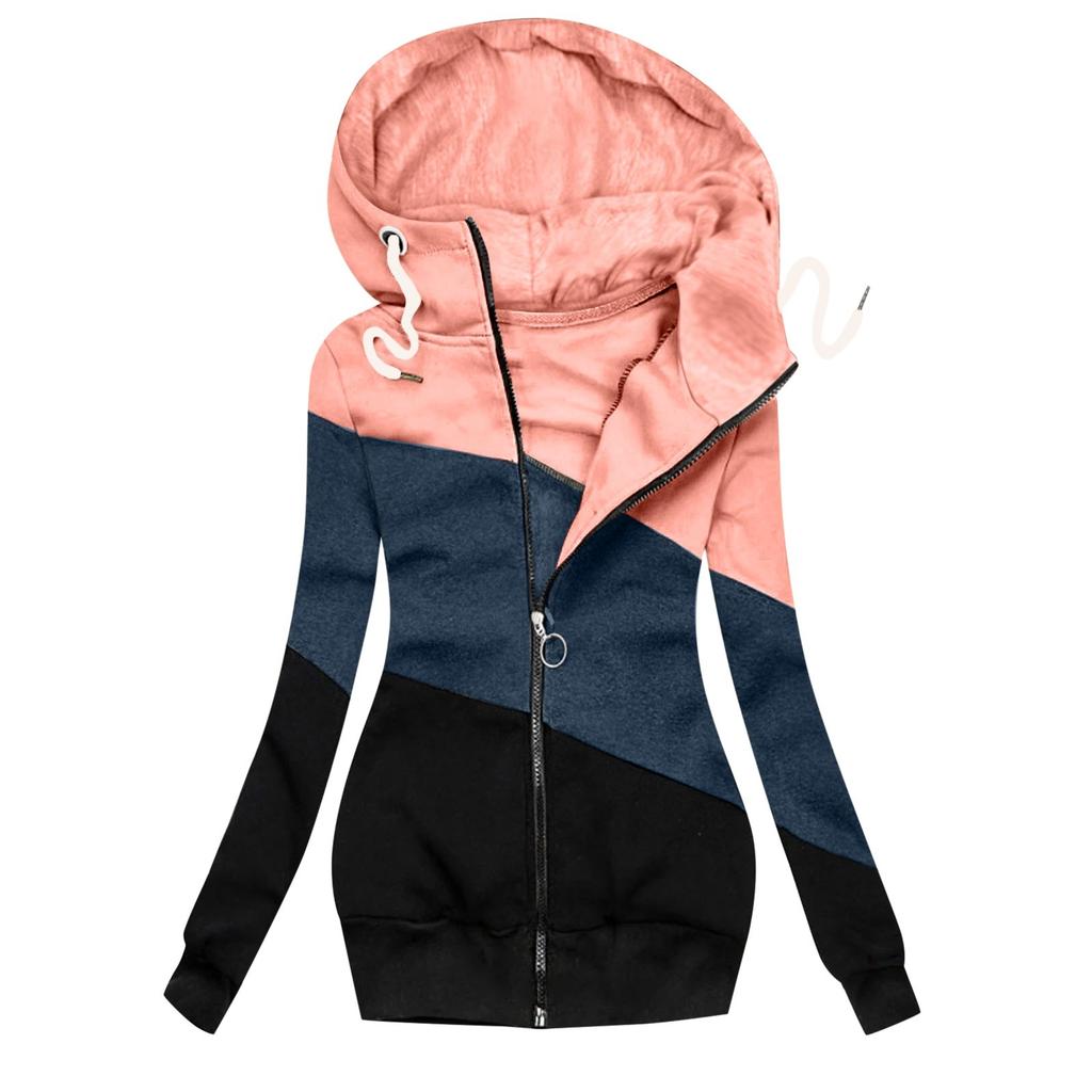 Women Winter Casual Stitching Color Jacket Zipper Sweatshirt Long Sleeve Coat