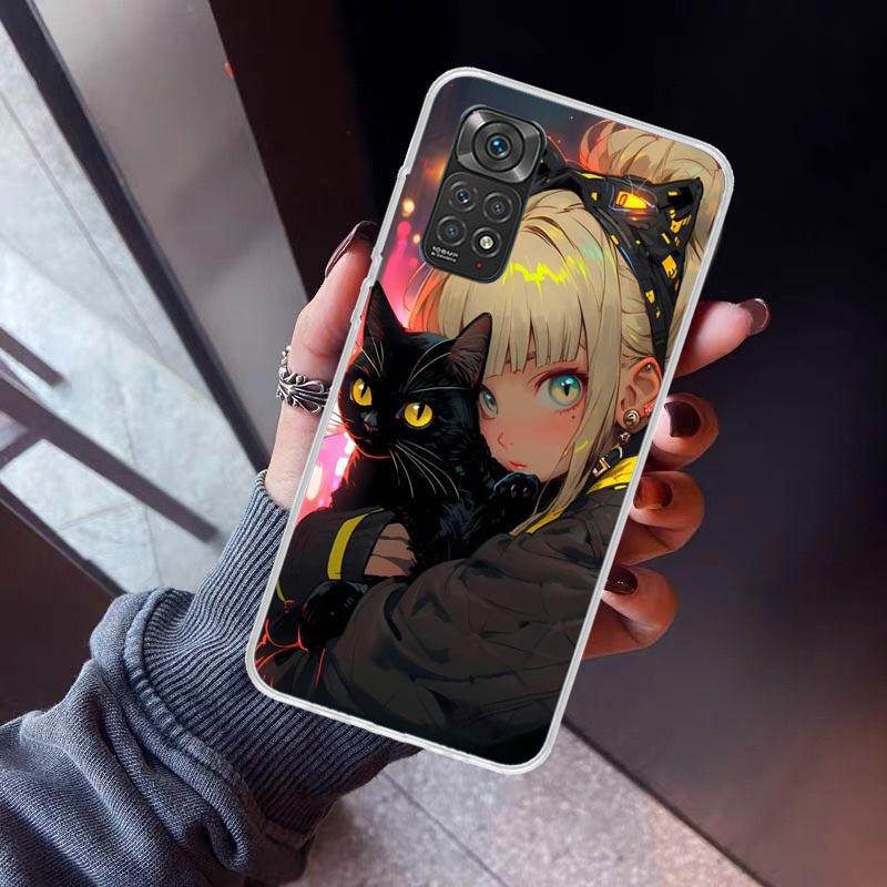Милый черный кот из аниме Чехол для телефона Для Xiaomi Redmi Note 10 11 12 13 14 15 Pro Plus 11S 12S 14S 11T 11E 10S Мягкий ТПУ Задняя крышка