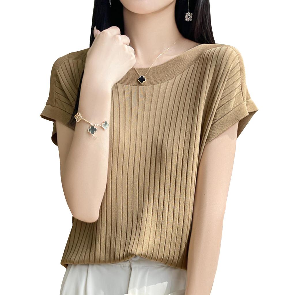 French Sleeve Summer Knit Cut and Sew Thin Ribbed Knit Boat Neck Top Solid Color Spring Summer [jinghuiyue] Women's JJP0073CA-XL