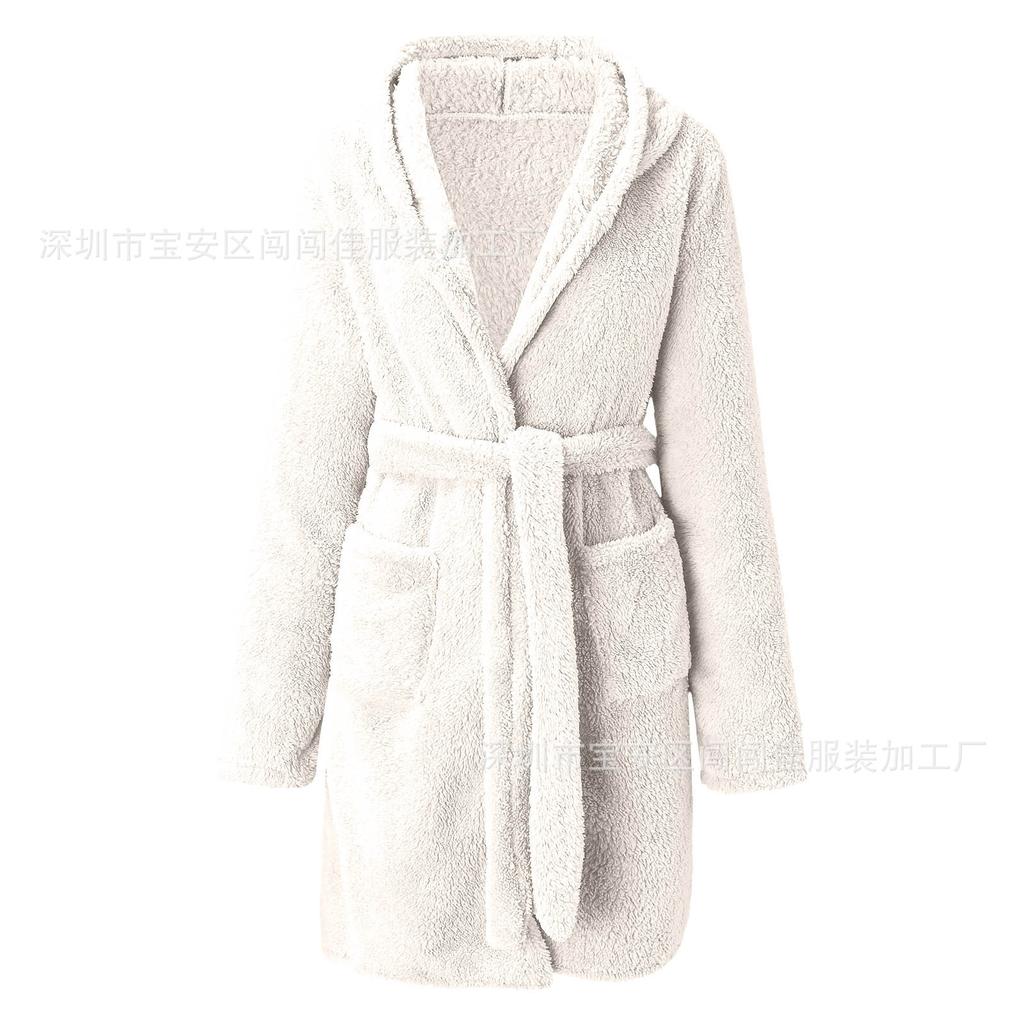 Winter Hooded Home Plush Pajamas Solid Color Warm Bathrobe Women