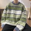 Unisex Vintage Japanese Contrast Stripe Round Neck Sweater - Winter College Style, Thick Knitted, Warm for Men and Women.