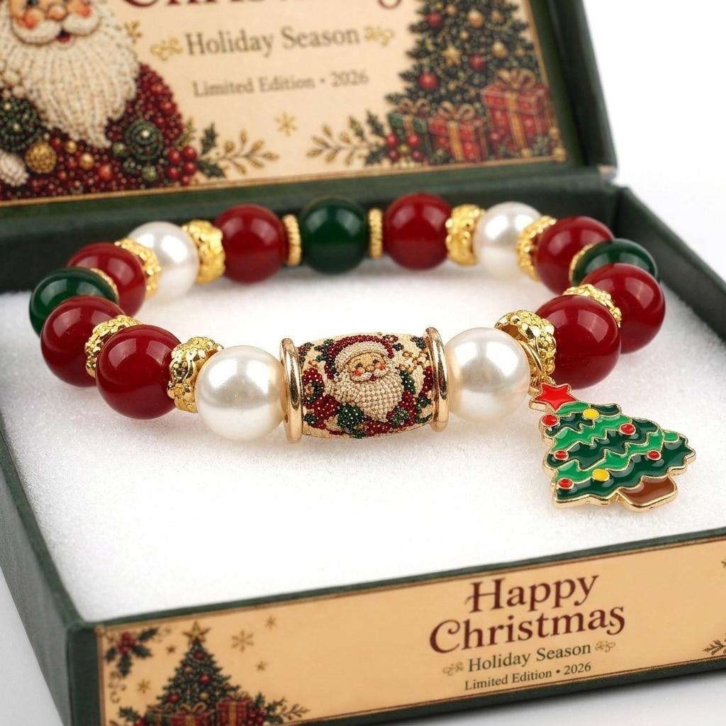 Christmas Pearl Bracelet with Natural Crystal Beads: Festive Holiday Jewelry Featuring Alloy Christmas Tree Pendant Stretch Wrist Accessory for Wome