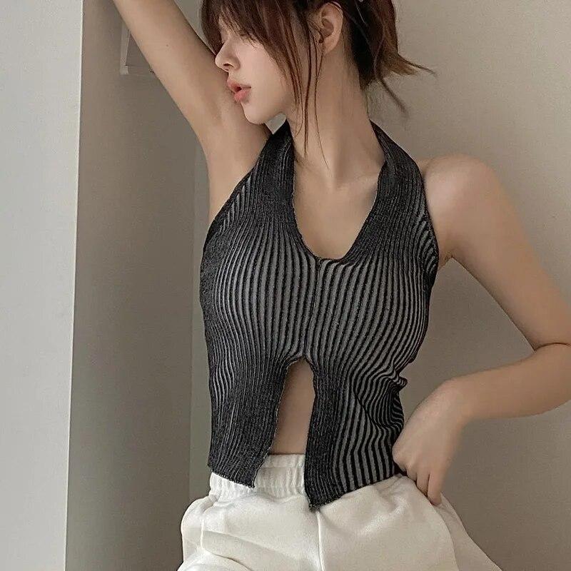 Женская трикотажная майка с открытой спиной, топ с подвесным воротником, бретелька для пупка