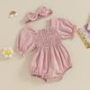Летний комбинезон для младенцев и девочек, однотонный, с короткими рукавами, квадратным вырезом, присборенный, с бантом на голове