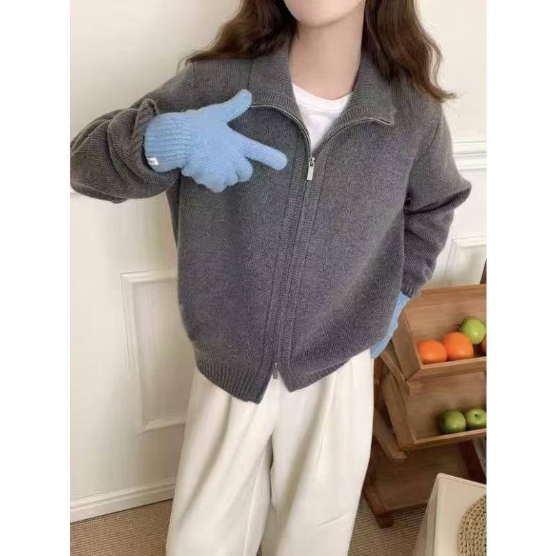 Осень и зима новый свитер на двойной молнии куртка женская толстая с воротником-стойкой повседневный дизайн короткий вязаный кардиган женский