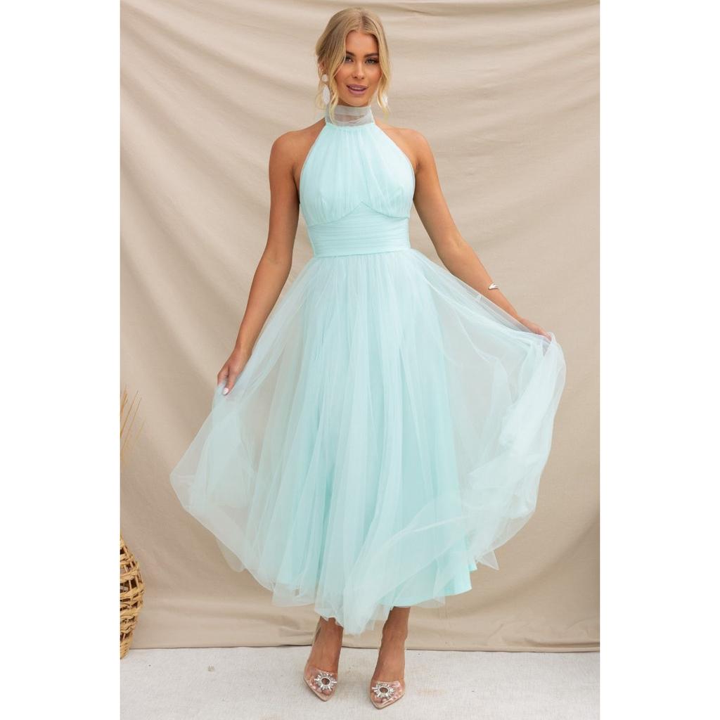 Women Evening Dress Sleeveless Layered Collar Open Back Halter Neck Lace Up High Off Shoulder Mesh Hem