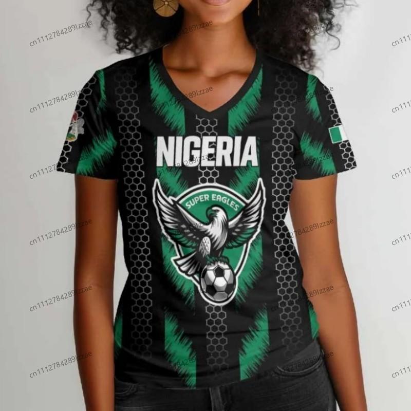 Nigeria Inspired Soccer Fan T Shirt Women Green White Eagle Pattern V Neck Short Sleeve Casual Supporter Top