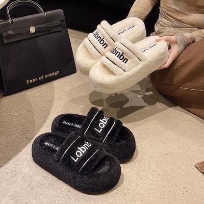 Шлепанцы на толстой подошве, увеличивающие рост, женская уличная обувь 2025, новинка осени и зимы, популярные в интернете, с высоким чувством, пушистые хлопковые шлепанцы в один ряд