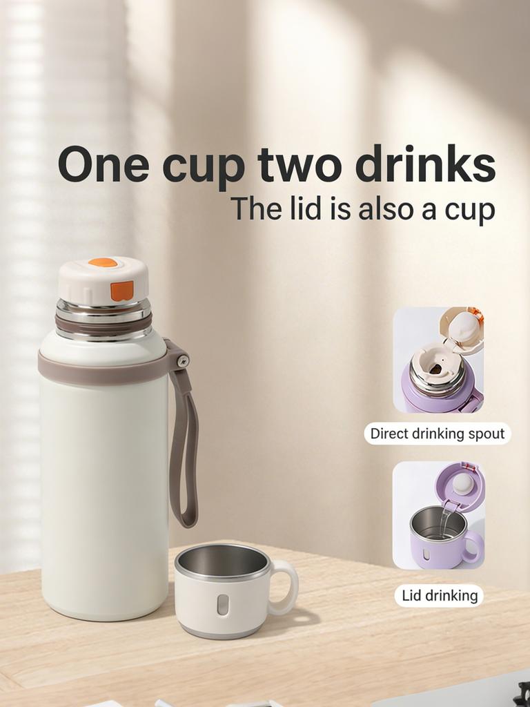 600ml/304 stainless steel insulated vacuum water bottle, with dual-use lid/drinking cup and rope handle, washable
