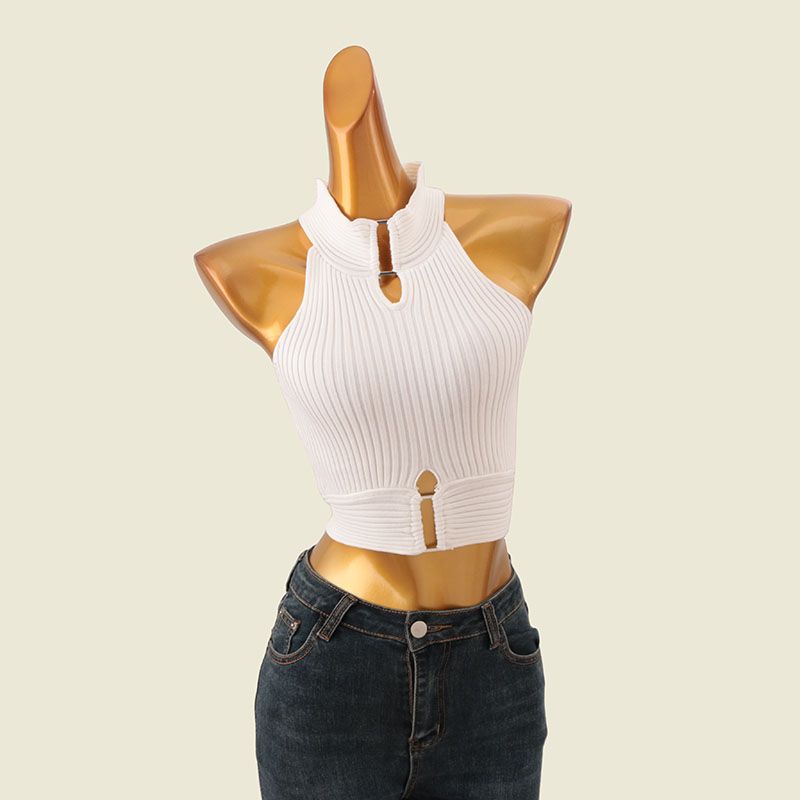 B Style Summer Series Metal Ring Knitting Vest Narrow Shoulder Hollow-out Short Halter Spaghetti Straps Vest