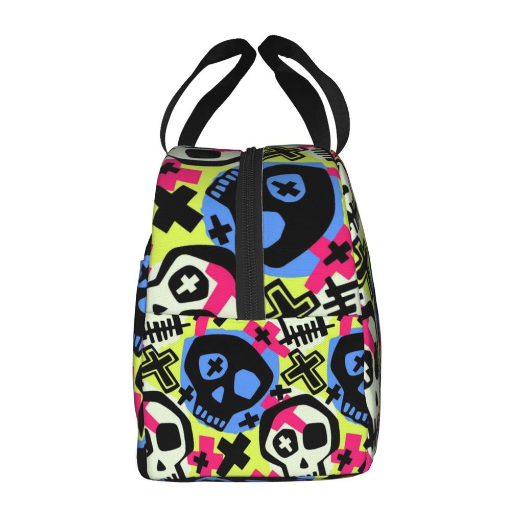 Skull Pattern Print Lunch Bag Waterproof Insulated Canvas Cooler Bag Thermal Cold Food Picnic Travel Tote for Women Children