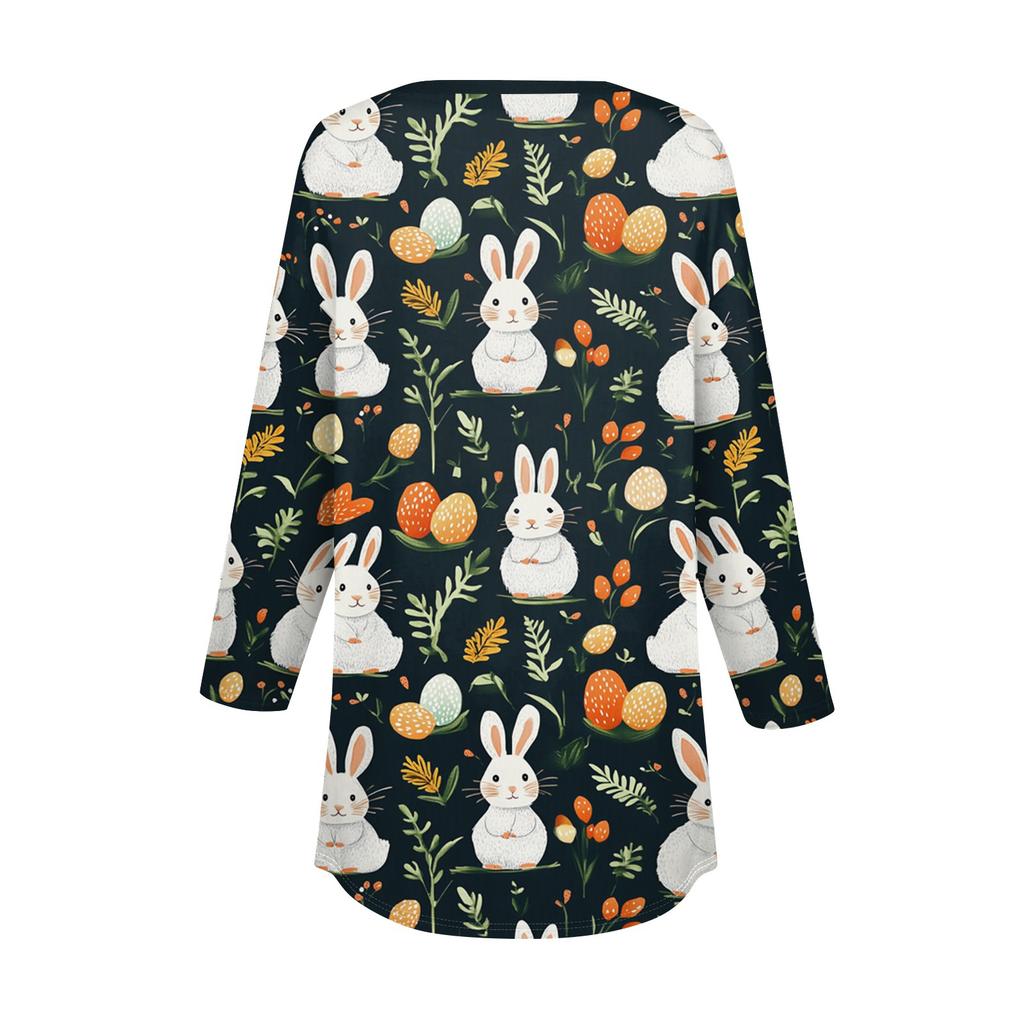 Women's 3/4 Sleeve Easter Egg Bunny Print Button Collar Fashion Casual Top
