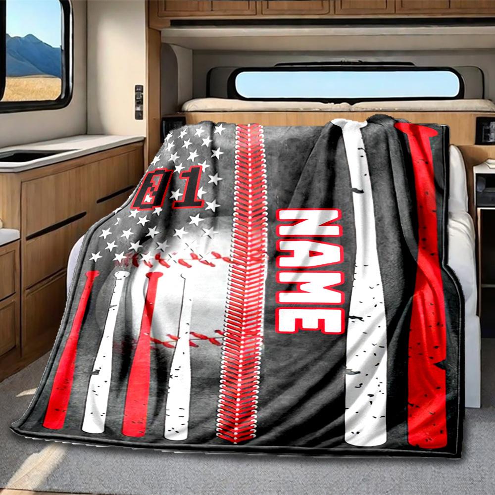 Baseball American Flag Customize Your Name Rv Blanket Comfortable Soft Lightweight All Season Multi Purpose Blanket For Travel Camping Picnics Sofa Rv