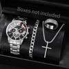 4pcs-trendy Hip-hop Men's Business Watch Bracelet Ring Set, Analog Mechanical Watch Quartz Watch Men's Clock (no Box)