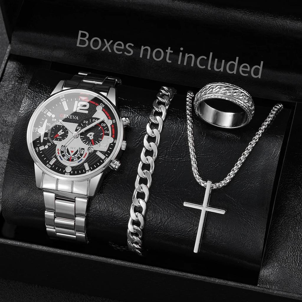4PCS Trendy Hip-hop Men's Business Watch Bracelet Ring Set, Analog Mechanical Watch Quartz Watch Men's Clock (no Box)