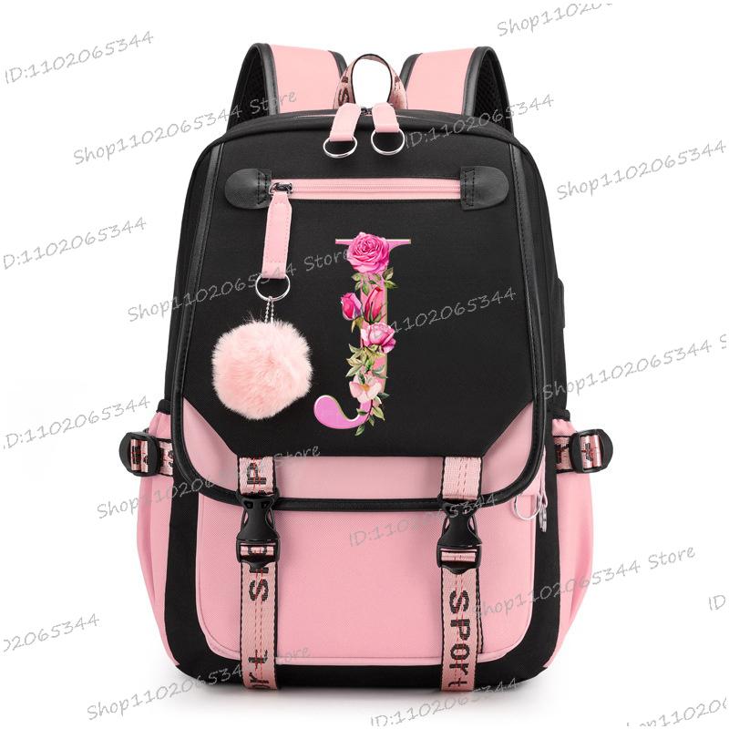 Подростковые рюкзаки Black Pink 26 инициалов Цветок Алфавит от А до Я Большая вместимость Харадзюку Мода Молния Эстетичный Школьная сумка для студентов