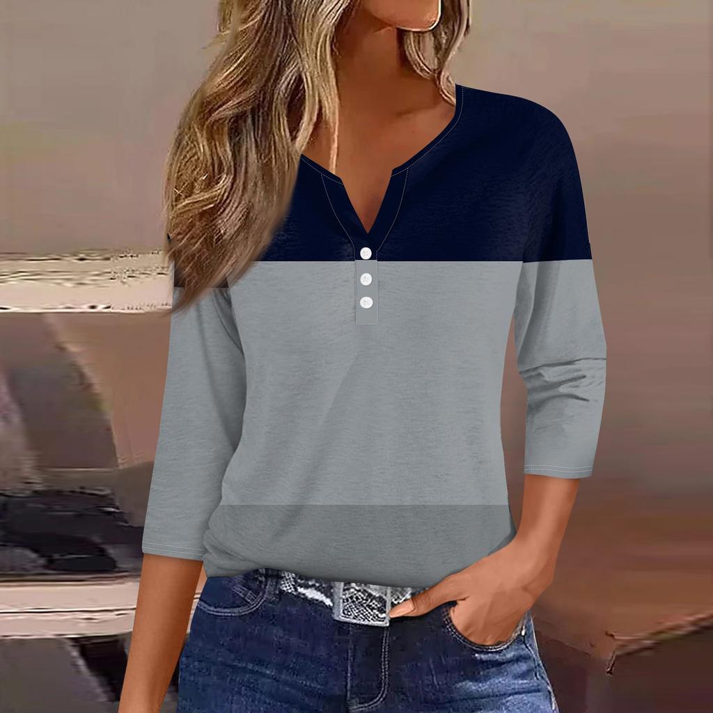 Жен. Футболка Футболка С принтом Пуговицы Рукав 3/4 Повседневные Выходные Мода Классический Классический V-образный вырез Обычный Верх