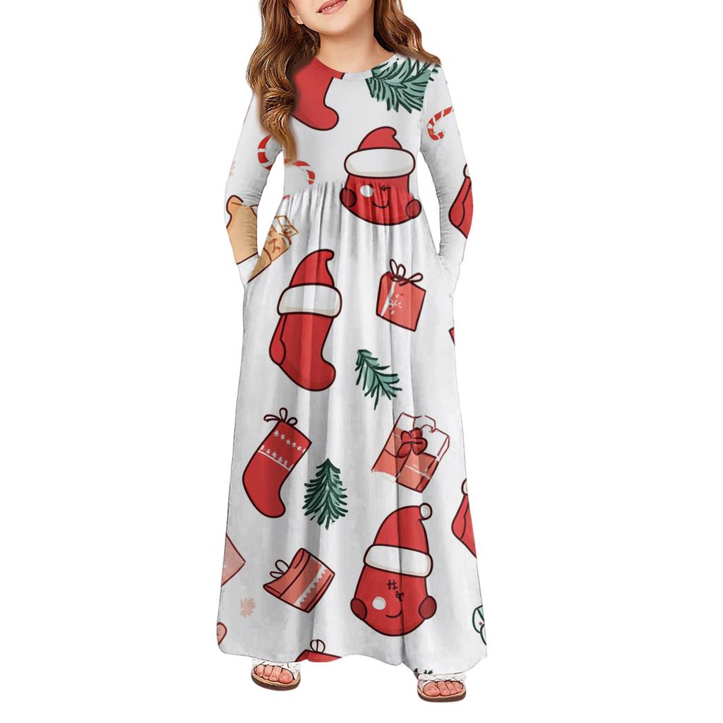 Девичье платье макси - Платье с длинным рукавом и карманом на Рождество