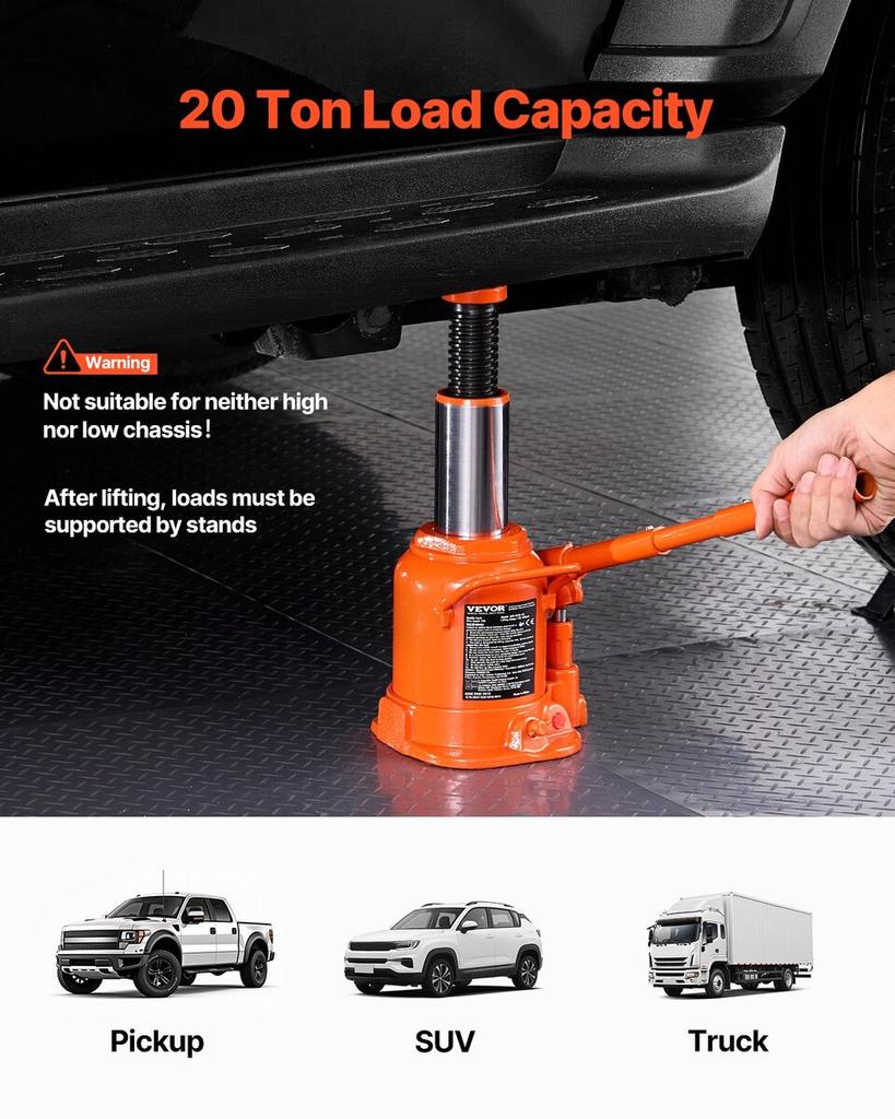 Hydraulic Bottle Jack 20 Ton Manual High Lift Automotive Car Repair Shop