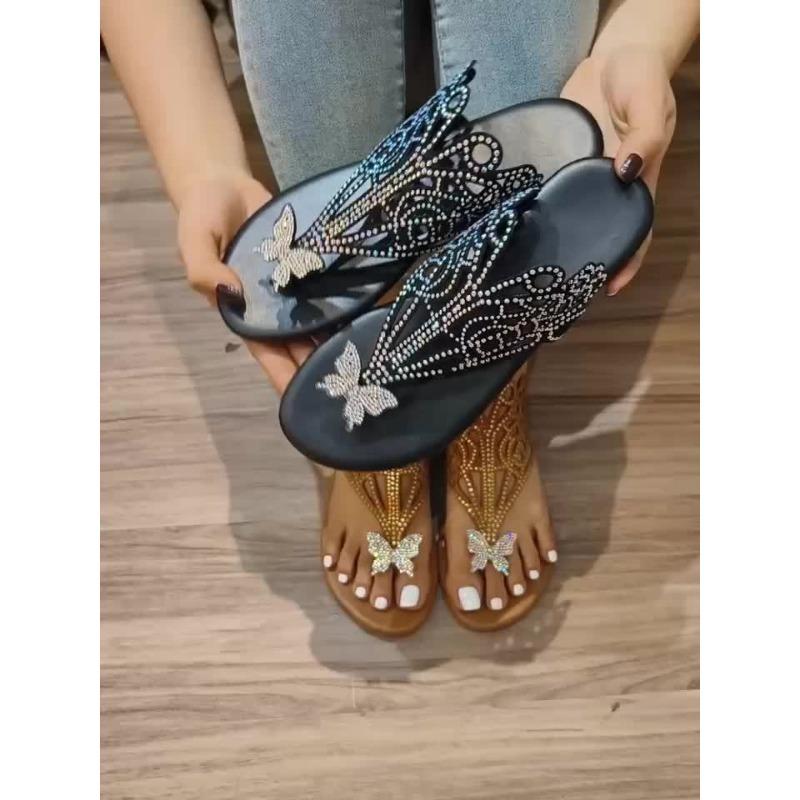 Женские шлепанцы со стразами и декором в виде бабочек, повседневные летние туфли на плоской подошве с зажимом на носке, легкие шлепанцы с полым дизайном