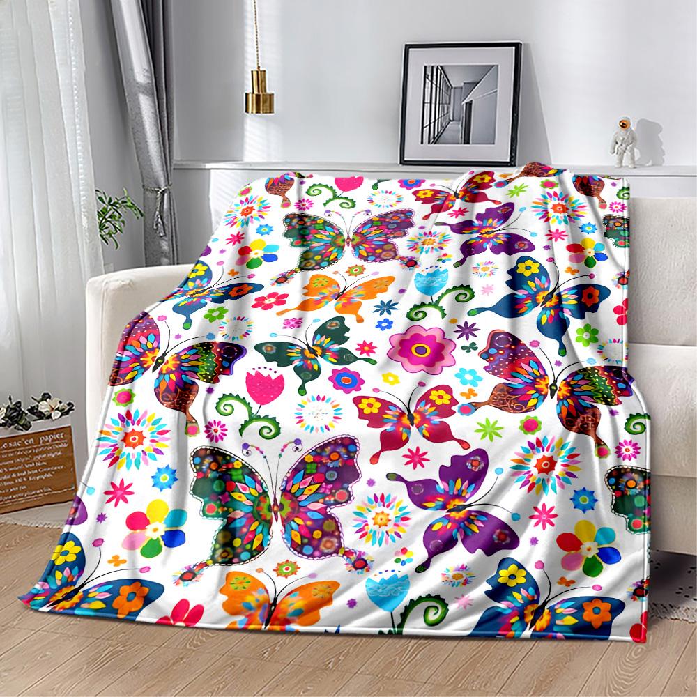 1pc Colorful Butterflies Flowers blanket Soft and Warm for Sofa Office Camping Travel Livingroom Great Gift for Friends and Family Comfortable