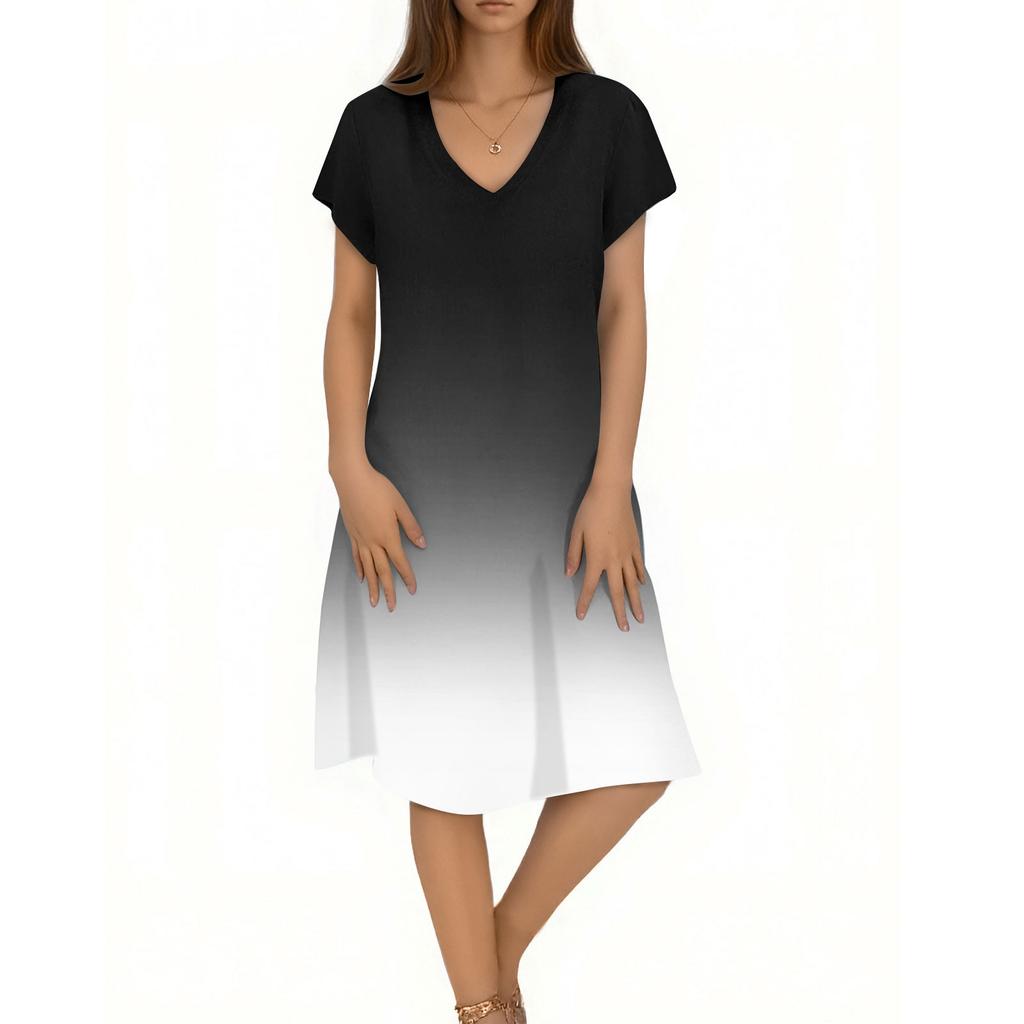 Ladies Casual Fashion V-neck Short Sleeve Gradient Print Mid-length Flowing Dress