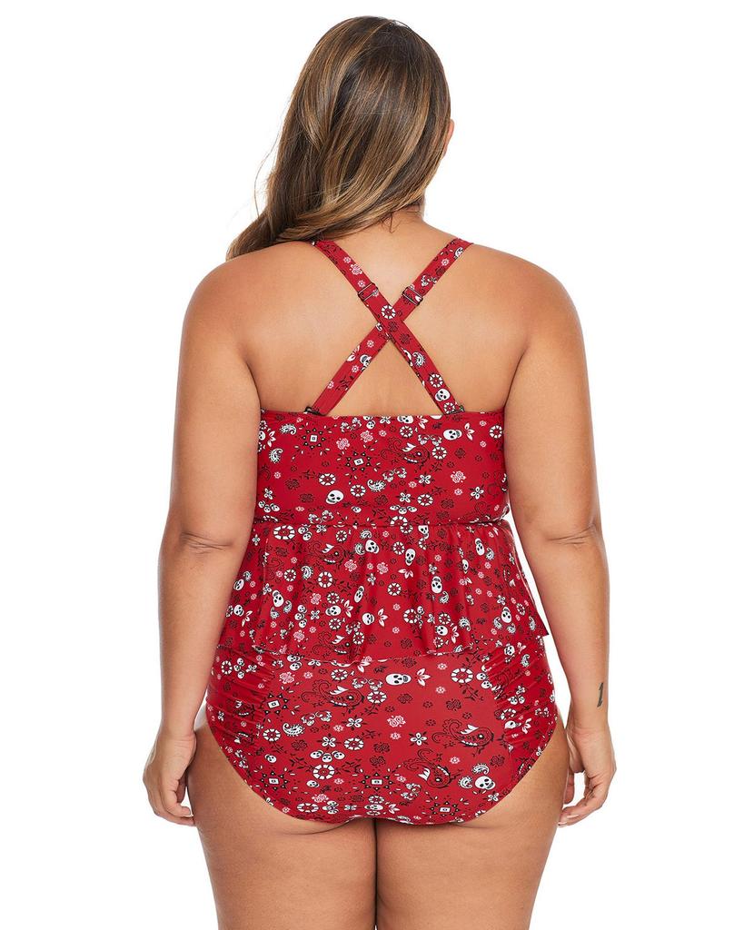 Azura Exchange Red Print Moulded Cups Peplum Plus Size Bikini