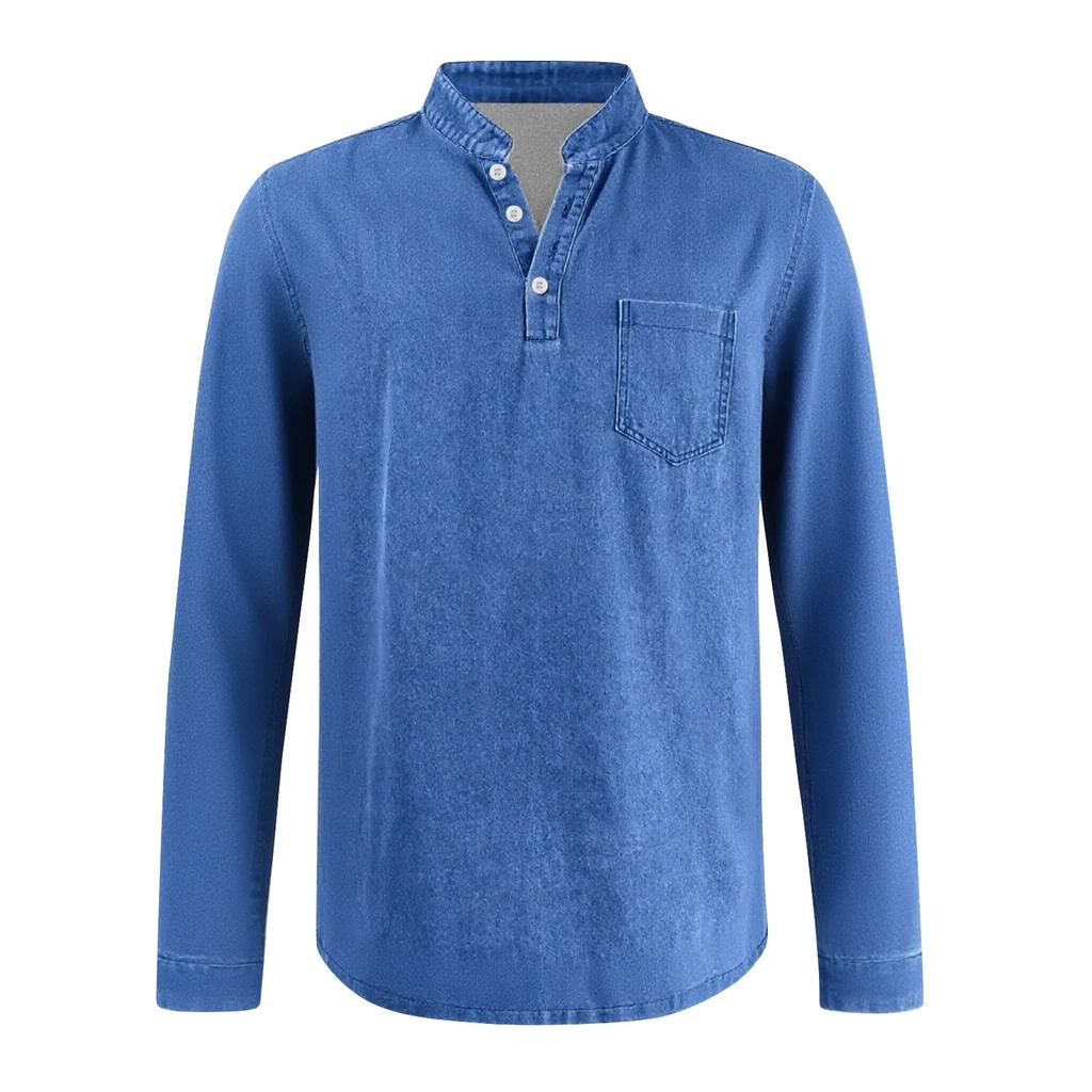 Мужская футболка-henley с длинным рукавом Винтажная стираная джинсовая повседневная топ на пуговицах с круглым вырезом свободного кроя Повседневная уличная одежда для мужчин