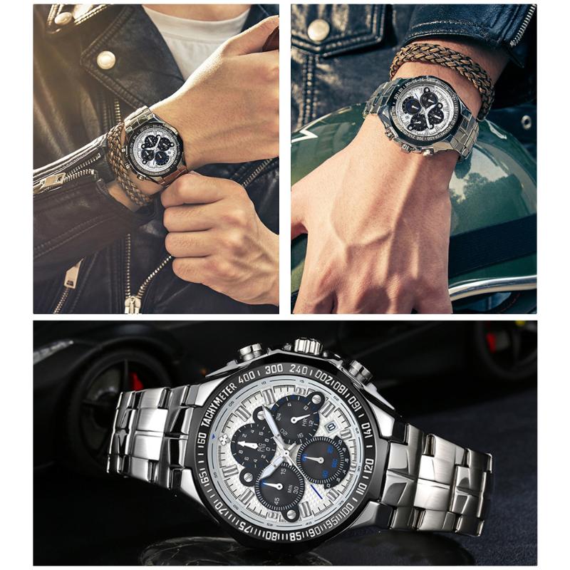 Top Brand Luxury Sport Watch For Men Quartz Chronograph Date Luminous Full Steel Wrist Watch