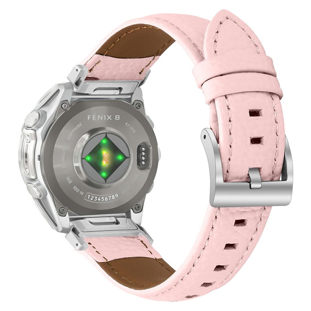 Litchi Texture Genuine Cow Leather Strap for Garmin Fenix 8 47mm/Tactix 8 47mm/quatix 8 47mm Pointed-End Watch Band with Silver Buckle