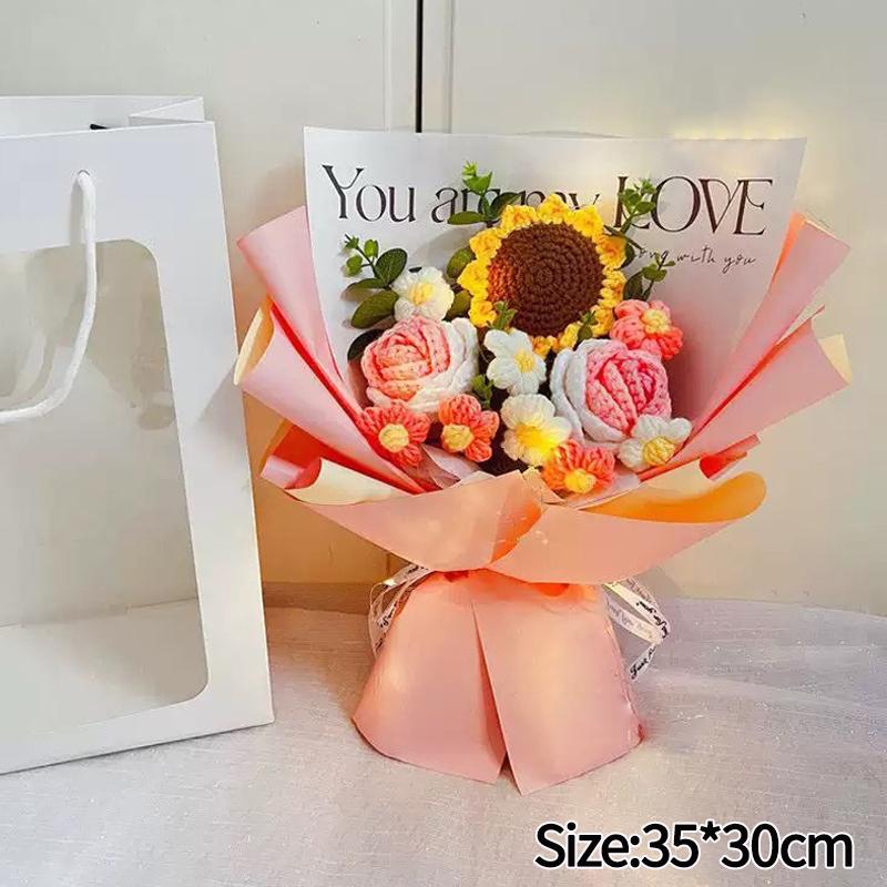Mother'S Day Crochet Bouquet Finished Hand-Woven Artificial Flower Graduation Season Girl Friends Birthday Bouquet With Gift Bag