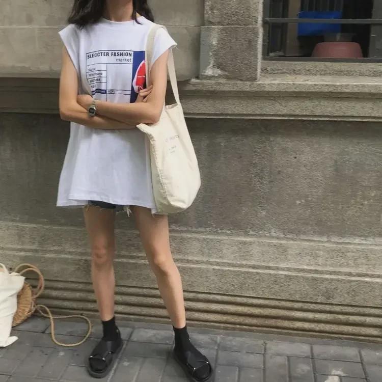 2024 Летняя корейская свободная женская футболка без рукавов с разрезом на спине