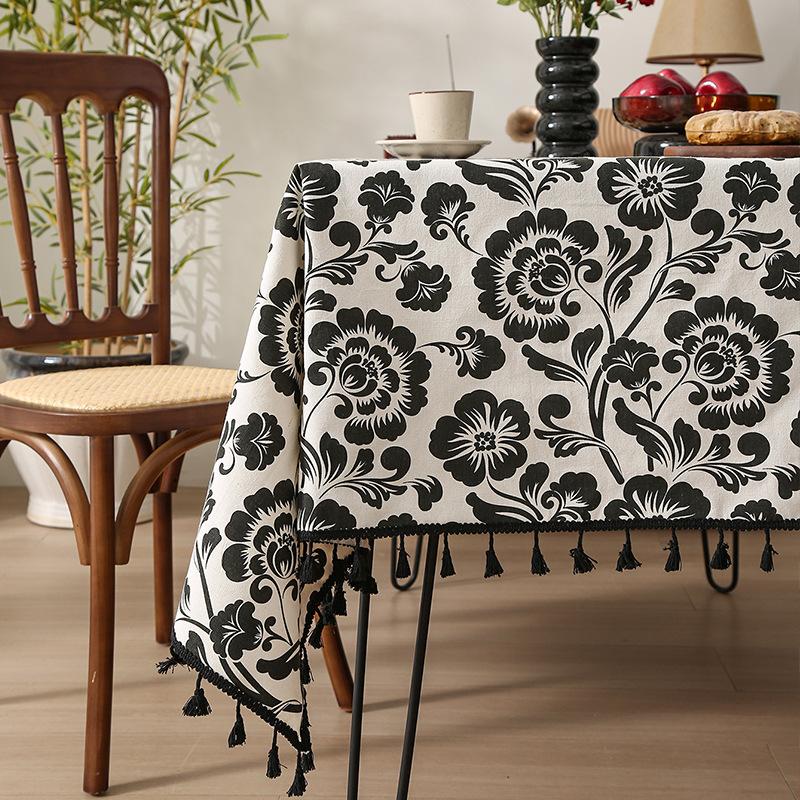Tablecloth Retro Black Printed Tassel Tablecloth Household Coffee Table Tablecloth Dining Table Fabric
