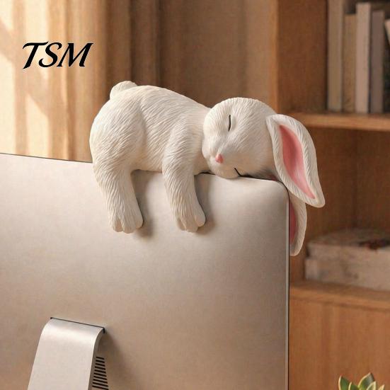 Shelf Edge Bunny Decor Sleeping Figurine for Edge, Lying Rabbit Resin Sculpture Animal Room Ornament, Statue Home Office Desk Monitor Table Ornament