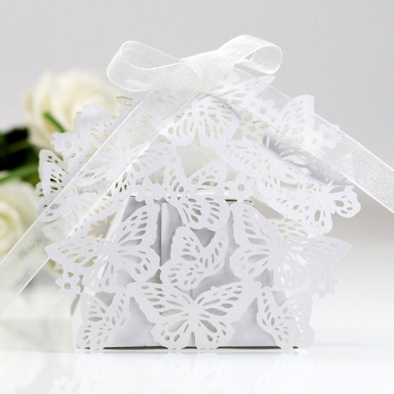 50 шт., полая коробка для свадебных конфет с бабочкой и лентой, упаковочная коробка для детского душа, украшение для свадебной вечеринки